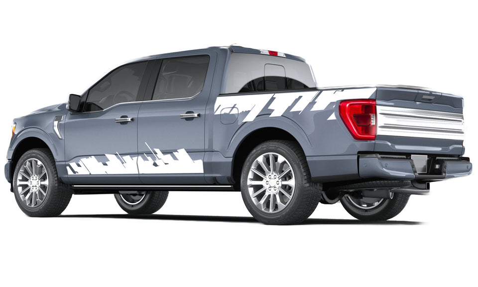 City skyline New York California LA Manhattan building contraction business  bed and door look wrap 14th Gen Graphic Graphics Crewcab cab 2X Side design DECAL bar Sticker for Ford F150 wrap-fourteenth -generation decal CAB 2020 2021 2022 2023 XL XLT